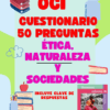 Cartel en color para un cuestionario sobre ética, naturaleza y sociedades. El texto en español destaca "50 preguntas" e "incluye clave de respuestas". Con dibujos animados de libros, lápices, manzanas y la portada de un libro de texto.