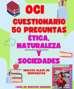 Cartel en color para un cuestionario sobre ética, naturaleza y sociedades. El texto en español destaca "50 preguntas" e "incluye clave de respuestas". Con dibujos animados de libros, lápices, manzanas y la portada de un libro de texto.
