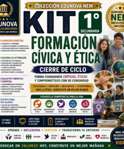 Cartel promocional del kit Edunova NEM de educación cívica y ética para alumnos de primero de secundaria, con recursos, ventajas, competencias desarrolladas, iconos y fotos de alumnos y profesores sonrientes.