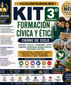 Gráfica promocional del kit Edunova de Educación Cívica y Ética de 3er grado, en la que aparecen alumnos, íconos educativos, portadas de libros y énfasis en materiales alineados al Modelo de la Nueva Escuela Mexicana para actividades de fin de ciclo.
