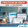 Imagen promocional de un curso de física para secundaria de EDUNOVA, en la que se destacan los experimentos en el aula, las guías del profesor, las presentaciones editables y la alineación con el plan de estudios de 2022. Incluye imágenes de pantallas, un imán y una bombilla.