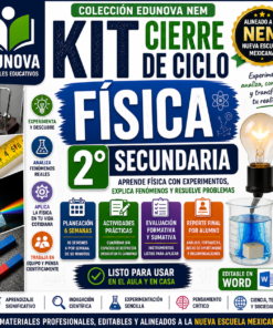 Cartel promocional de un kit de física para secundaria, con experimentos, actividades y materiales digitales, alineado con la Nueva Escuela Mexicana (NEM). Incluye iconos de colores y fotos de experimentos científicos.