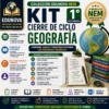 Colorido póster educativo para un kit de Geografía para estudiantes de 1er año de secundaria, con íconos, un cuaderno, un globo terráqueo y texto sobre habilidades, actividades y alineación con el modelo educativo mexicano (NEM).