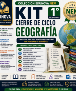 Colorido póster educativo para un kit de Geografía para estudiantes de 1er año de secundaria, con íconos, un cuaderno, un globo terráqueo y texto sobre habilidades, actividades y alineación con el modelo educativo mexicano (NEM).