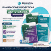 Imagen promocional para Edunova Digital que muestra portadas de libros educativos para 1º de Bachillerato de Historia, con guías de planificación, cuadernos de actividades y evaluaciones formativas con iconos y destacados de material Word editable.