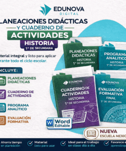 Imagen promocional para Edunova Digital que muestra portadas de libros educativos para 1º de Bachillerato de Historia, con guías de planificación, cuadernos de actividades y evaluaciones formativas con iconos y destacados de material Word editable.