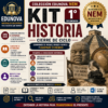 Imagen promocional del "Kit Historia 1° Secundaria" de Edunova, alineado con el NEM. Incluye iconos, características del curso, herramientas educativas e imágenes históricas como una pirámide, una cabeza olmeca y elementos del aula.