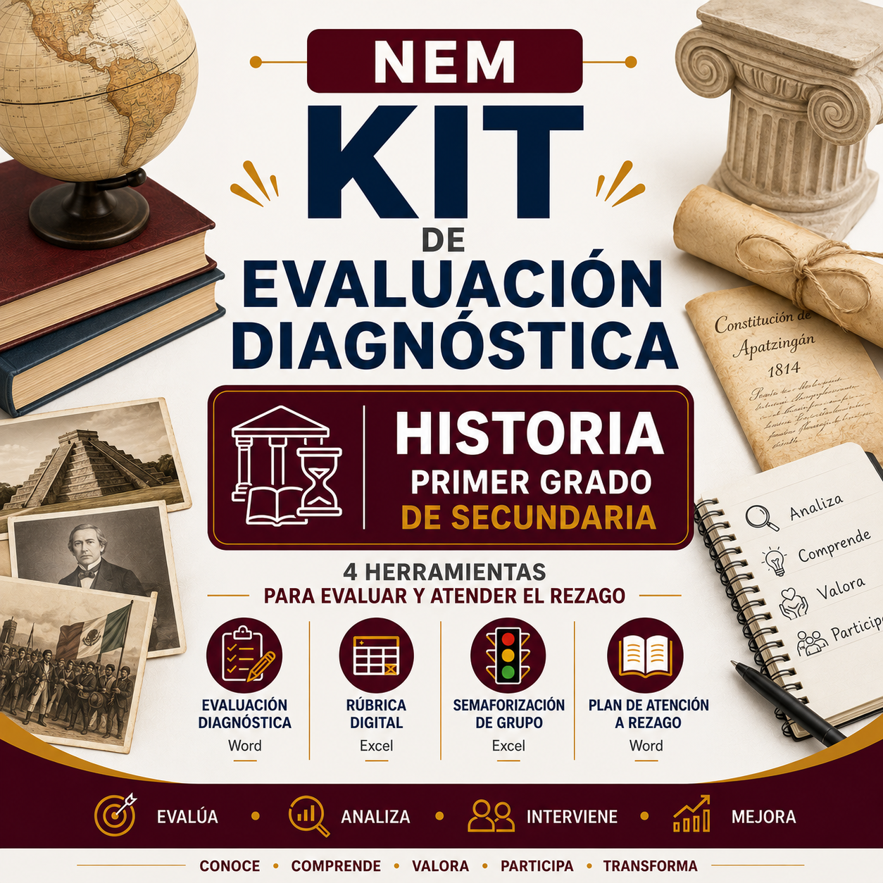 Kit de Evaluación Diagnóstica NEM Historia 1° de Secundaria 2026-2027 | 4 Herramientas para Evaluar y Atender el Rezago | Word y Excel Editable 1 Kit de Evaluación Diagnóstica NEM Historia 1° de Secundaria 2026-2027 | 4 Herramientas para Evaluar y Atender el Rezago | Word y Excel Editable