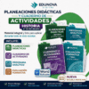 Imagen promocional para Edunova Digital, que muestra libros educativos para secundaria: planes de lecciones, cuaderno de actividades y materiales de evaluación para Historia, 2º curso, con texto que destaca las características y ventajas.