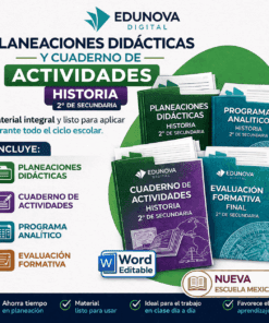 Imagen promocional para Edunova Digital, que muestra libros educativos para secundaria: planes de lecciones, cuaderno de actividades y materiales de evaluación para Historia, 2º curso, con texto que destaca las características y ventajas.