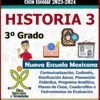 Portada de un libro de texto de historia para 3er grado titulado “Programa Analítico Anual TELESECUNDARIA TERCER GRADO (Ciclo Escolar 2023 – 2024)” para el ciclo escolar 2023-2024. Incluye íconos de lápiz, transportador y libros. Presenta logotipos de Nueva Escuela Mexicana y Educación. Menciona elementos del currículo del Programa Analítico TELESECUNDARIA TERCER GRADO y recursos didácticos.