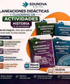 Imagen promocional de EDUNOVA Digital que muestra libros de texto y cuadernos de trabajo para 3º de Historia, destacando la planificación didáctica, los cuadernos de actividades, los programas analíticos y la evaluación formativa, con formato Word editable y enumeración de ventajas clave.