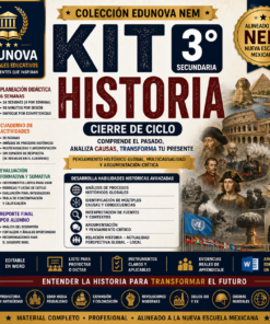 Cartel promocional de un kit de historia para 3º de secundaria de Edunova, con iconos educativos, imágenes históricas e información sobre el contenido del kit, las competencias desarrolladas, la duración y la alineación con el nuevo modelo educativo de México.