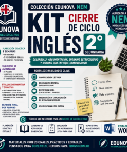 Infografía para el "Kit Inglés 2° Secundaria" de Edunova, detallando características como evaluación, archivos Word editables, habilidades cubiertas, materiales incluidos y alineación con el plan de estudios de la Nueva Escuela Mexicana (NEM).