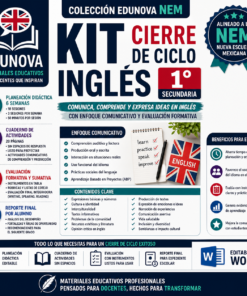 Cartel promocional del "Kit Cierre de Ciclo Inglés 1° Secundaria" de Edunova. Presenta iconos, imágenes de libros, textos en inglés y español, y destaca los recursos educativos alineados con las normas mexicanas.