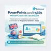 Imagen promocional de los PowerPoints para inglés de Edunova, dirigidos a alumnos de primer curso de secundaria. Presenta iconos de estudio, banderas del Reino Unido y Estados Unidos, un ordenador portátil, libros, una manzana y una nota sobre las actividades y proyectos incluidos.