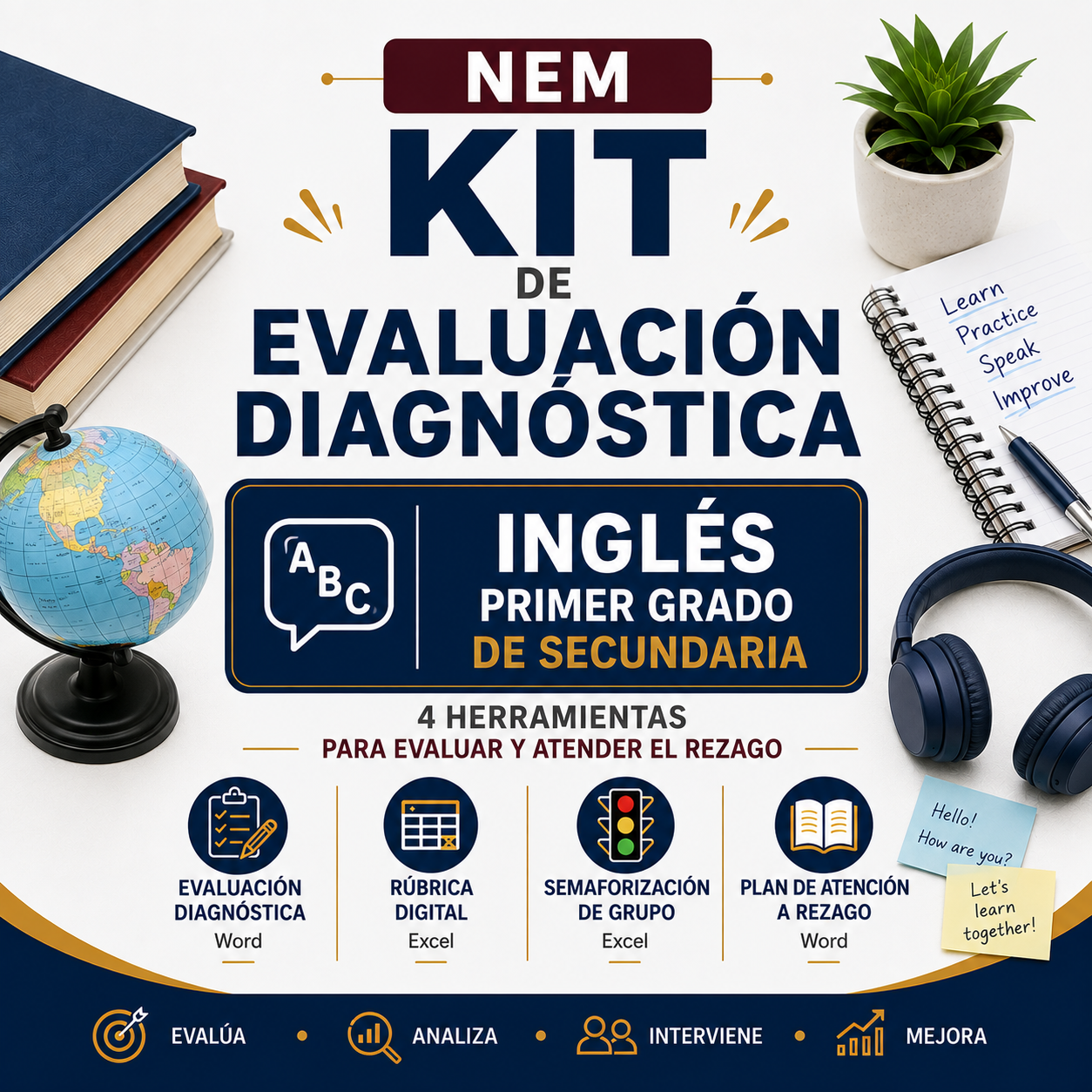 Kit de Evaluación Diagnóstica NEM Inglés 1° de Secundaria 2026-2027 | 4 Herramientas para Evaluar y Atender el Rezago | Word y Excel Editable 1 Kit de Evaluación Diagnóstica NEM Inglés 1° de Secundaria 2026-2027 | 4 Herramientas para Evaluar y Atender el Rezago | Word y Excel Editable
