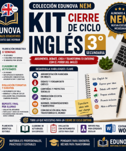 Gráfico promocional de un kit de inglés para 3º de ESO, con una lista de habilidades y recursos incluidos, como planificación, archivos editables y actividades, con iconos de colores e ilustración de un cuaderno.