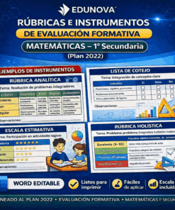 Folleto educativo de Edunova sobre rúbricas e instrumentos de evaluación formativa para matemáticas de 1° secundaria, incluye ejemplos de rúbrica analítica, lista de cotejo, escala estimativa y rúbrica holística.