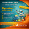 Gráfico promocional para los planes de lecciones STEAM de Edunova Digital para matemáticas de 1º de secundaria, con un robot, una calculadora, una manzana y listas de comprobación, con texto que destaca las características clave y un diseño colorido y moderno.