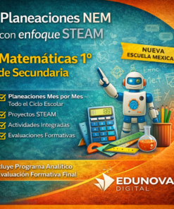 Gráfico promocional para los planes de lecciones STEAM de Edunova Digital para matemáticas de 1º de secundaria, con un robot, una calculadora, una manzana y listas de comprobación, con texto que destaca las características clave y un diseño colorido y moderno.
