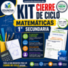 Imagen promocional del "Kit Cierre de Ciclo Matemáticas 1° Secundaria" de Edunova. Incluye documentos, una calculadora e iconos que destacan planes de clase, actividades y evaluaciones para la planificación de fin de curso.