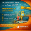 Gráfico promocional para "Planeaciones NEM con enfoque STEAM Matemáticas 2° de Secundaria" de Edunova Digital, que muestra iconos educativos, texto sobre características y un ordenador portátil con elementos de colores sobre un fondo naranja-azul.