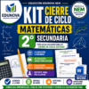 Gráfico promocional de un kit de estudio de matemáticas para 2º de secundaria, con iconos, listas de control, ecuaciones y aspectos destacados de las características del kit, como actividades, informes, alineación NEM y formato Word editable.