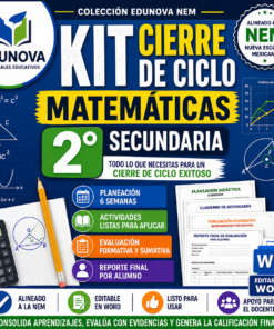 Gráfico promocional de un kit de estudio de matemáticas para 2º de secundaria, con iconos, listas de control, ecuaciones y aspectos destacados de las características del kit, como actividades, informes, alineación NEM y formato Word editable.