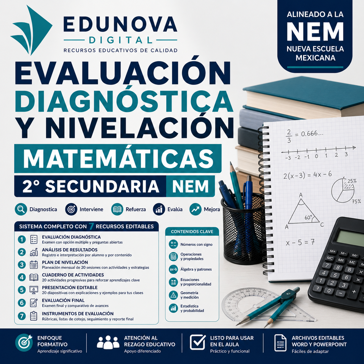 Evaluación Diagnóstica y Nivelación – Matemáticas 2° Secundaria | NEM 2026-2027 | Examen, Planeación, Actividades y Presentación Editable 1 Evaluación Diagnóstica y Nivelación – Matemáticas 2° Secundaria | NEM 2026-2027 | Examen, Planeación, Actividades y Presentación Editable