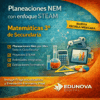 Imagen promocional de los planes de matemáticas NEM de Edunova Digital centrados en STEAM para 3º de secundaria, con material escolar, gráficos e iconos de ciencias sobre un fondo azul con reflejos amarillo-naranja.