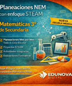 Imagen promocional de los planes de matemáticas NEM de Edunova Digital centrados en STEAM para 3º de secundaria, con material escolar, gráficos e iconos de ciencias sobre un fondo azul con reflejos amarillo-naranja.