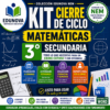 Cartel promocional para un kit de matemáticas de 3º de secundaria de Edunova, con recuadros de colores, gráficos matemáticos e iconos que destacan la planificación, las actividades, las evaluaciones y los informes, alineados con el sistema escolar mexicano.
