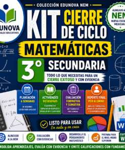 Cartel promocional para un kit de matemáticas de 3º de secundaria de Edunova, con recuadros de colores, gráficos matemáticos e iconos que destacan la planificación, las actividades, las evaluaciones y los informes, alineados con el sistema escolar mexicano.