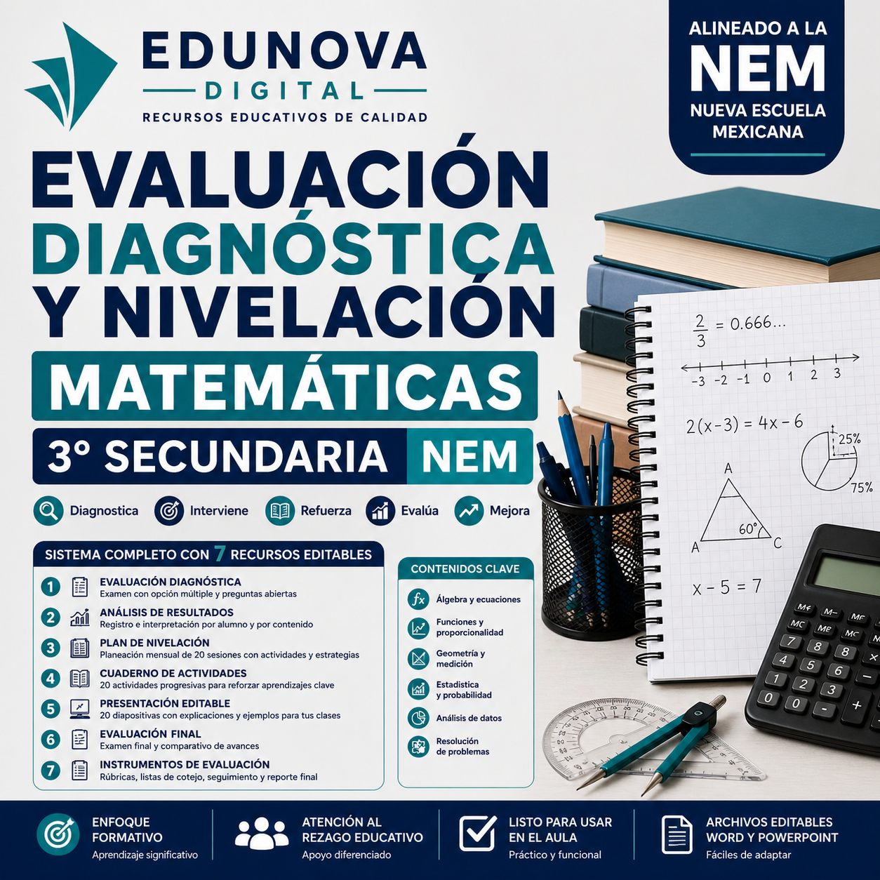 Evaluación Diagnóstica y Nivelación – Matemáticas 3° Secundaria | NEM 2026-2027 | Examen, Planeación, Actividades y Presentación Editable 1 Evaluación Diagnóstica y Nivelación – Matemáticas 3° Secundaria | NEM 2026-2027 | Examen, Planeación, Actividades y Presentación Editable