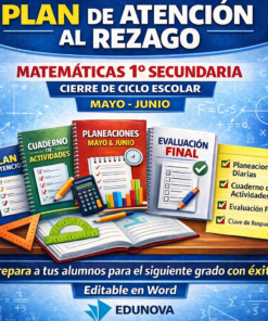 Colorido póster educativo para un programa de matemáticas, con libros etiquetados como Plan de Atención, Cuaderno de Actividades, Planeaciones y Evaluación Final, con material escolar y texto sobre el cierre del ciclo escolar para alumnos de 1º de secundaria.