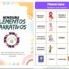 Imagen del juego de memoria de elementos narrativos titulado "Memorama Elementos Narrativos". Incluye dos secciones: la portada a la izquierda con texto colorido y el juego a la derecha, que representa varios personajes y elementos narrativos como "Personaje Principal" y "Trama".
