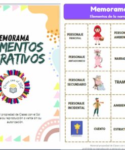 Imagen del juego de memoria de elementos narrativos titulado "Memorama Elementos Narrativos". Incluye dos secciones: la portada a la izquierda con texto colorido y el juego a la derecha, que representa varios personajes y elementos narrativos como "Personaje Principal" y "Trama".