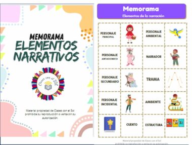 Imagen del juego de memoria de elementos narrativos titulado "Memorama Elementos Narrativos". Incluye dos secciones: la portada a la izquierda con texto colorido y el juego a la derecha, que representa varios personajes y elementos narrativos como "Personaje Principal" y "Trama".