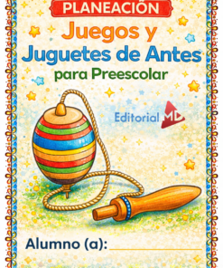 Colorida portada de un libro de actividades preescolares titulado "Planeación Juegos y Juguetes de Antes para Preescolar" con la ilustración de una peonza y una cuerda. El logotipo de Editorial MD aparece en el lado derecho.