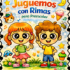 Brillante cubierta de "Planeación Juguemos con Rimas para Preescolar", ideal para planificar las clases. Presenta alegres dibujos animados: una niña y un niño sonrientes, un gato, notas musicales, una pelota, un cucurucho de helado y toques de color.