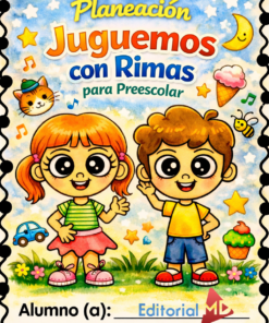 Brillante cubierta de "Planeación Juguemos con Rimas para Preescolar", ideal para planificar las clases. Presenta alegres dibujos animados: una niña y un niño sonrientes, un gato, notas musicales, una pelota, un cucurucho de helado y toques de color.
