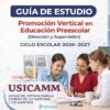 Tres mujeres sentadas en una mesa, sonríen y estudian documentos juntas. Sobre ellas, un texto promociona una guía de estudio para la promoción vertical en educación preescolar para el curso 2026-2027, con los logotipos de USICAMM y EDUNOVA.