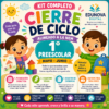 Dos niños sonrientes junto a un colorido material escolar y un texto promocionando un kit digital para cerrar el 1er ciclo preescolar, mayo-junio, alineado con NEM. El kit incluye guías, materiales visuales y recursos para profesores y padres.