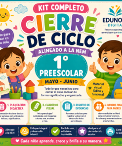 Dos niños sonrientes junto a un colorido material escolar y un texto promocionando un kit digital para cerrar el 1er ciclo preescolar, mayo-junio, alineado con NEM. El kit incluye guías, materiales visuales y recursos para profesores y padres.