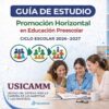 Portada de una guía de estudio titulada "Promoción Horizontal en Educación Preescolar" para el curso escolar 2026-2027. Tres mujeres estudian juntas en una mesa con libros y cuadernos. El logotipo de USICAMM aparece en la parte inferior.
