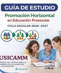 Portada de una guía de estudio titulada "Promoción Horizontal en Educación Preescolar" para el curso escolar 2026-2027. Tres mujeres estudian juntas en una mesa con libros y cuadernos. El logotipo de USICAMM aparece en la parte inferior.