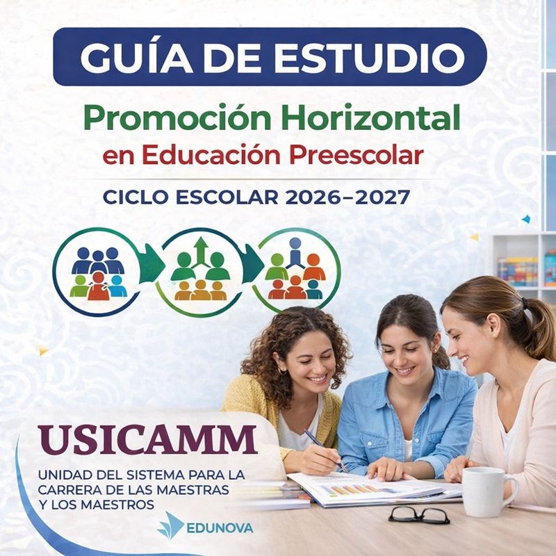 Guía de estudio Promoción Horizontal 2026–2027 – Educación Preescolar 1 Portada de una guía de estudio titulada "Promoción Horizontal en Educación Preescolar" para el curso escolar 2026-2027. Tres mujeres estudian juntas en una mesa con libros y cuadernos. El logotipo de USICAMM aparece en la parte inferior.