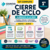 Gráfico promocional del kit "Cierre de Ciclo" de Edunova Digital para 1º de primaria, con iconos y descripciones de la planificación, el cuaderno de actividades, la evaluación y el portafolio de evidencias, con un diseño colorido y organizado.