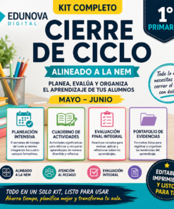 Gráfico promocional del kit "Cierre de Ciclo" de Edunova Digital para 1º de primaria, con iconos y descripciones de la planificación, el cuaderno de actividades, la evaluación y el portafolio de evidencias, con un diseño colorido y organizado.